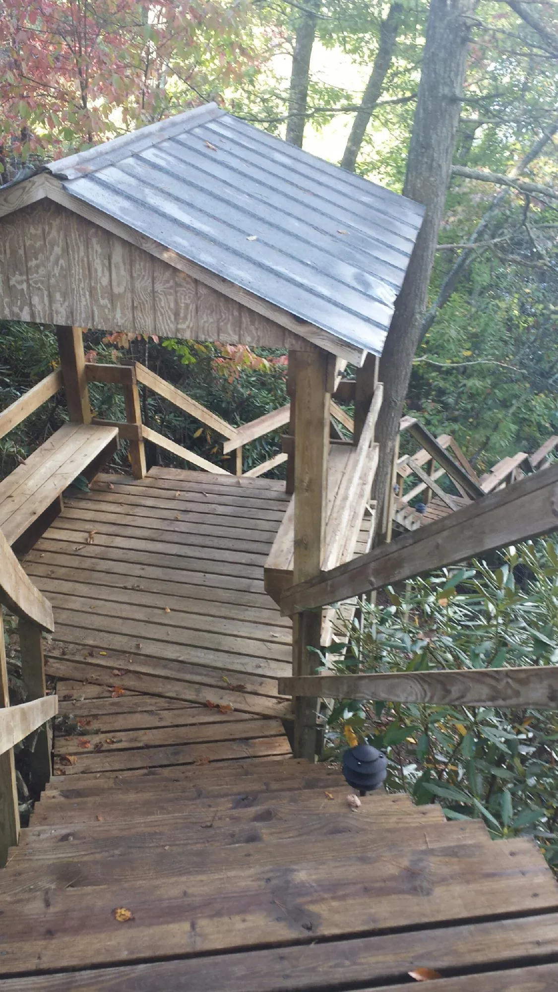 Metal roofed shelter over wooden steps on a wooded walkway — Skylight Repair & Installation work by our crew in Latham